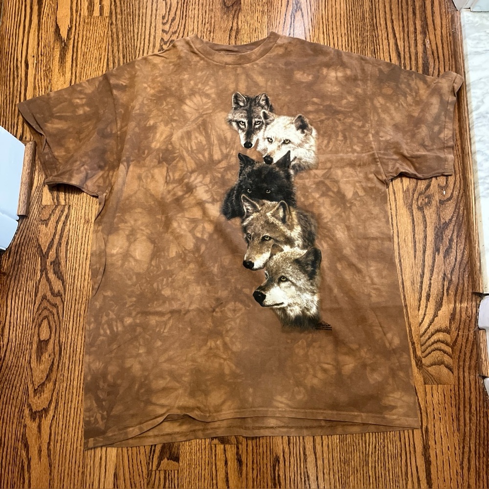 Vtg The Mountain T-shirt XXL 90's Brown Tie Dye Wolves Nature